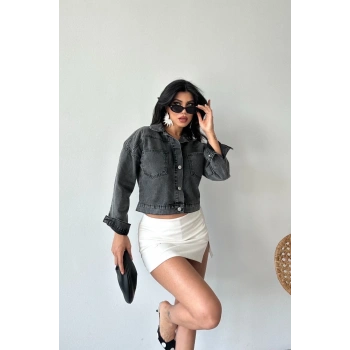 Çift cepli kol katlamalı süper taş enzim yıkama crop kot ceket füme d2000