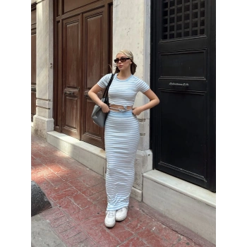 Çizgili etekli takım mavi s3609