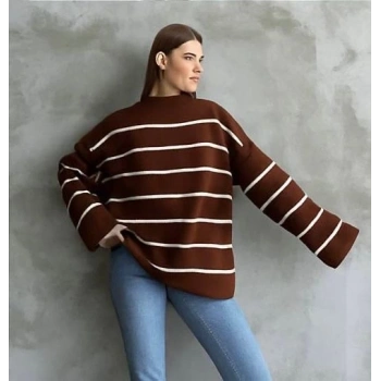 Çizgili ispanyol kol triko boğazlı kahve beyaz elf