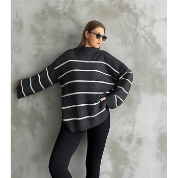 Çizgili ispanyol kol triko boğazlı kazak antrasit elf