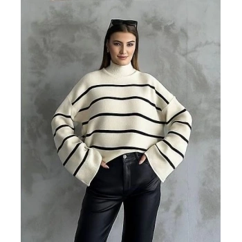 Çizgili ispanyol kol triko boğazlı kazak beyaz elf