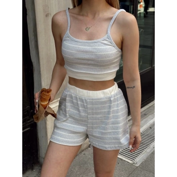 Çizgili şortlu takım gri s3978