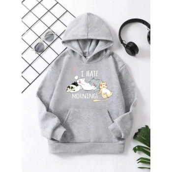 Çocuk Unisex Kapüşonlu Kedicik Baskılı Pamuklu Sweatshirt - Gri