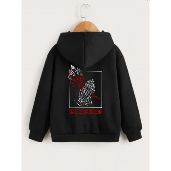 Çocuk Unisex Kapüşonlu Ön ve Arka Blessed Baskılı Sweatshirt - Siyah