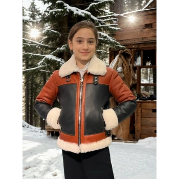 Çocuk Yakalı Parçalı Kürk - Kiremit