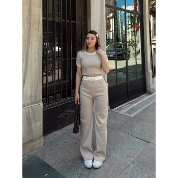 Crop pantolon biyeli takım bej