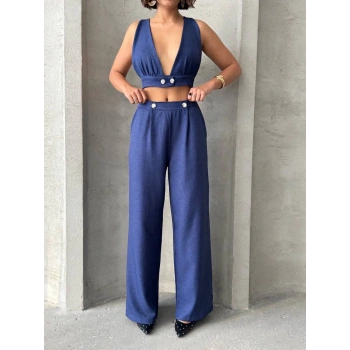 Crop pantolon keten takım s255012