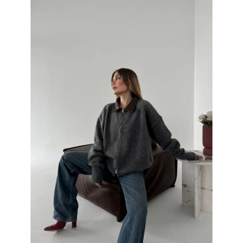 Deri Yakalı Pamuk dokulu Çift Taraflı Çalışan Fermuar Ceket - Füme