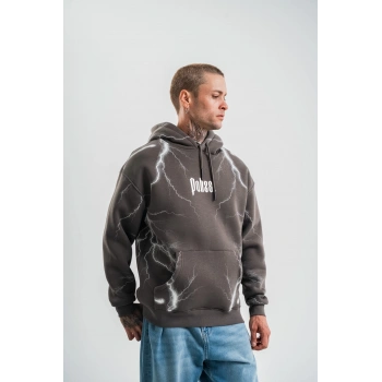Double Oversize Kapşonlu Şimşek Pano Baskılı SweatShirt - Füme