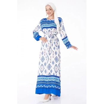 Düz Bisiklet Yaka Kadın Mavi Etnik Desenli Elbise