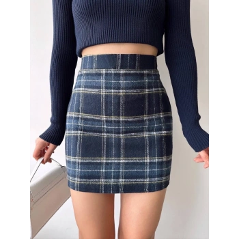 Ekoseli kaşe etek lacivert hf