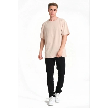 Erkek 24/1 Düz A Kalite Oversize T-shirt - Bej