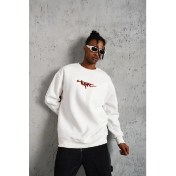 Erkek 3 İplik Gangster Baskılı Sweatshirt - Beyaz