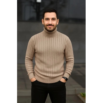 Erkek Balıkcı Yaka Bağazlı Triko Kazak Pamuklu Kalın Fitilli Dokuma, Regular Fit Uzun Kollu Kışlık Model - Bej