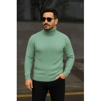 Erkek Balıkcı Yaka Bağazlı Triko Kazak Pamuklu Kalın Fitilli Dokuma, Regular Fit Uzun Kollu Kışlık Model - Mint Yeşili