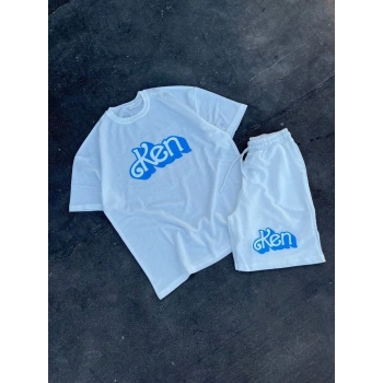 Erkek Baskılı İkili Şort Takım - Beyaz