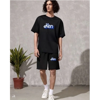 Erkek Baskılı İkili Şort Takım - Siyah