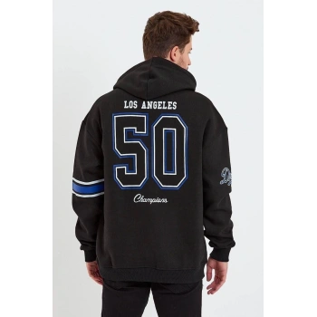 Erkek Baskılı Kapşonlu Üç iplik Oversize Sweatshirt - Siyah