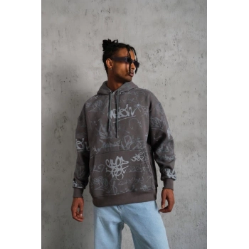 Erkek Baskılı Kapüşonlu Ribanalı Sweat - Gri