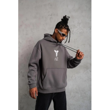 Erkek Baskılı Kapüşonlu Sweat - Gri