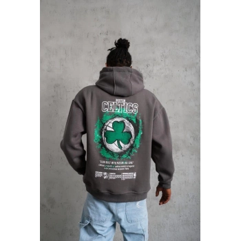 Erkek Baskılı Kapüşonlu ve Kordon İpli Sweat - Gri