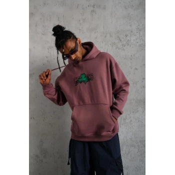 Erkek Baskılı Kapüşonlu ve Kordon İpli Sweat - Gül Kurusu