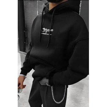 Erkek Baskılı Kapüşonlu ve Kordon İpli Sweat - Siyah