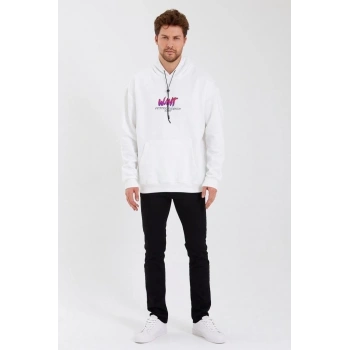 Erkek Baskılı Üç İplik Kapüşonlu Oversize Sweatshirt - Beyaz