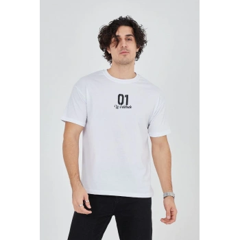 Erkek Baskılı T-Shirt Kısa Kol Bisiklet Yaka Regular Fit Rahat Kalıp Günlük Tişört - Beyaz