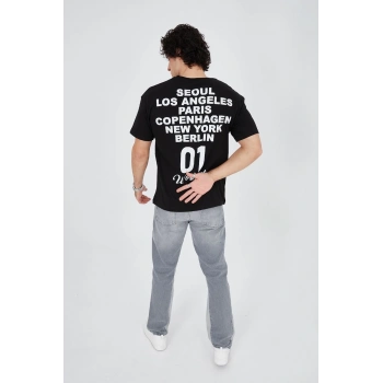 Erkek Baskılı T-Shirt Kısa Kol Bisiklet Yaka Regular Fit Rahat Kalıp Günlük Tişört - Siyah