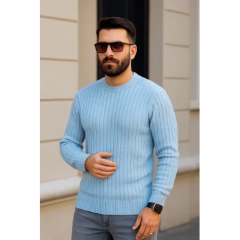 Erkek Bisiklet Yuvarlak Yaka Triko Kazak Pamuklu Kalın Fitilli Dokuma, Regular Fit Uzun Kollu Kışlık Model - Bebe Mavisi