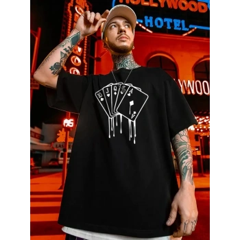 erkek büyük beden Kart baskılı düz renk kısa kollu bisiklet yaka tişört gündelik giyim - Siyah