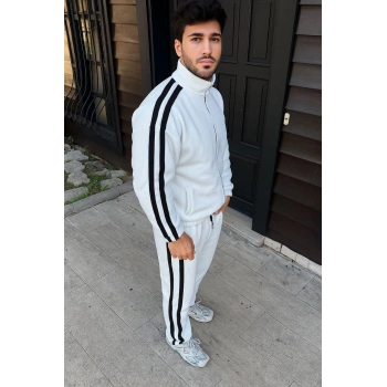 Erkek Çift Şeritli Eşofman Takım Dik Yaka Fermuarlı Sweatshirt Boru Paça Alt, Oversize 3 iplik Pamuklu - Beyaz