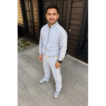 Erkek Çift Şeritli Eşofman Takım Dik Yaka Fermuarlı Sweatshirt Boru Paça Alt, Oversize 3 iplik Pamuklu - Gri