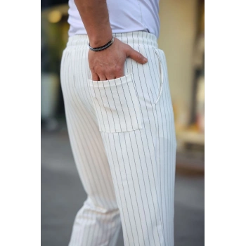 Erkek Cizgili Dokuma Krep Jogger Buggy Pantalon Rahat kalıp - Beyaz