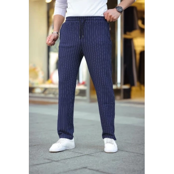 Erkek Cizgili Dokuma Krep Jogger Buggy Pantalon Rahat kalıp - Lacivert