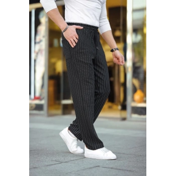 Erkek Cizgili Dokuma Krep Jogger Buggy Pantalon Rahat kalıp - Siyah