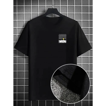 Erkek Dağ Grafikli Tişört, Yaz için Büyük Beden Rahat T-shirt - Siyah