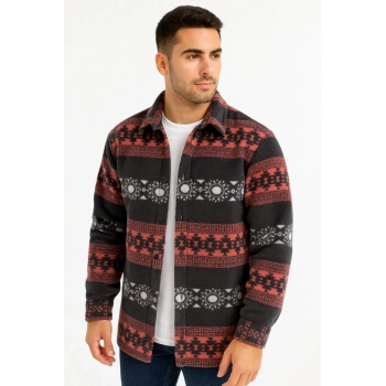 Erkek Desenli Polar Gömlek – Etnik Şerit Desen Yakalı, Uzun Kollu, Düğmeli, Oversize Rahat Kalıp - Füme