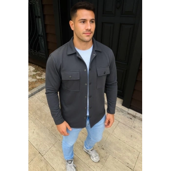 Erkek Diagonal Kumaş Cepli Çıtçıtlı uzun Kollu, Gömlek Oversize Rahat Kalıp Günlük Şık Stil - Füme