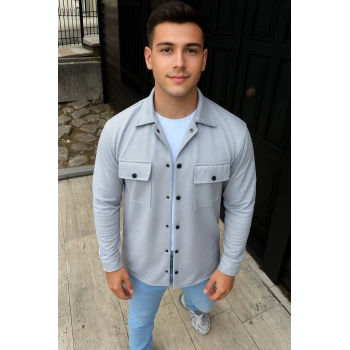 Erkek Diagonal Kumaş Cepli Çıtçıtlı uzun Kollu, Gömlek Oversize Rahat Kalıp Günlük Şık Stil - Gri