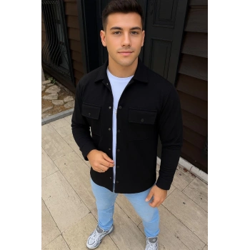 Erkek Diagonal Kumaş Cepli Çıtçıtlı uzun Kollu, Gömlek Oversize Rahat Kalıp Günlük Şık Stil - Siyah