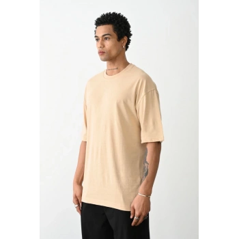 Erkek Düz Basic Bisiklet Yaka Kısa kol T-Shirt - Bej