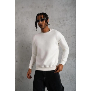 Erkek Düz Bisiklet Yaka Sweat - Beyaz