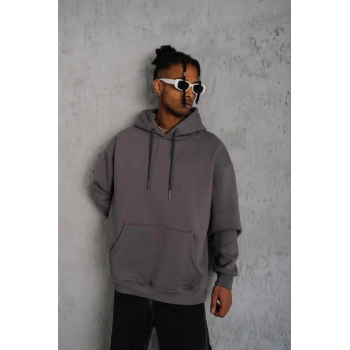 Erkek Düz Kapüşonlu Sweat - Gri