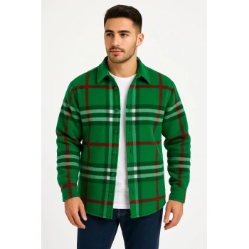 Erkek Ekose Desenli Düğmeli Polar Yakalı Uzun Kollu Gömlek Oversize Rahat Kalıp - Yeşil