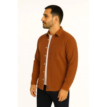 Erkek Fitilli Kadife Cepli Gömlek Oversize Rahat Kalıp - Kahverengi
