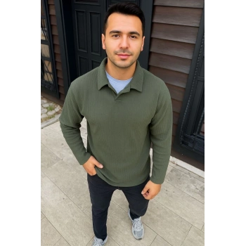 Erkek Fitilli Polar Sweatshirt – Düğmesiz Polo Yaka, Oversize Rahat Kalıp, Kalın Polar Kumaş, Kışlık ve Baharlık Şık Günlük Üst - Haki