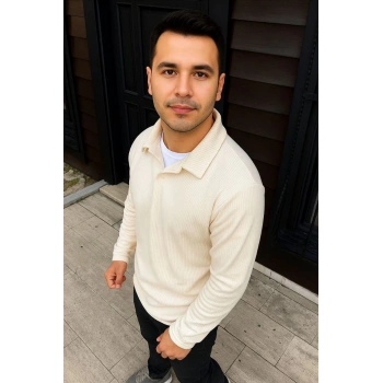 Erkek Fitilli Polar Sweatshirt – Düğmesiz Polo Yaka, Oversize Rahat Kalıp, Kalın Polar Kumaş, Kışlık ve Baharlık Şık Günlük Üst - Beyaz