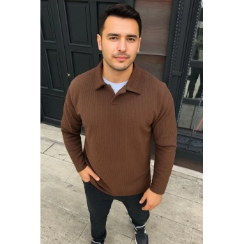 Erkek Fitilli Polar Sweatshirt – Düğmesiz Polo Yaka, Oversize Rahat Kalıp, Kalın Polar Kumaş, Kışlık ve Baharlık Şık Günlük Üst - Kahverengi